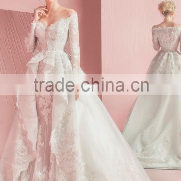(MY110406) MARRY YOU New Design Long Sleeve Off-shoulder Lace Wedding Dress 2016 Ruffles Sweep Train