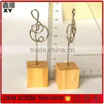 Music note metal card holder clips with wooden cube base