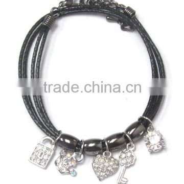 Whitegold plating multi crystal charm dangle cord bracelet