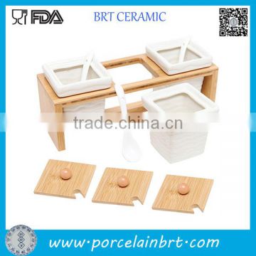 High White Ceramic 3pcs Shaker Set with Bamboo Base