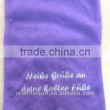 Rectangle Purple fabric with white embroidery word Rubber Hot Water Bottle Cover