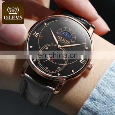 Olevs 5874 Design Own Logo Quartz Watches for Mens Moon Phase Leather Men Watches Custom Logo
