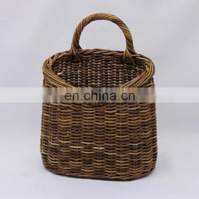 Hot Sale Hanging wall wicker basket, floral brown rattan basket Hand woven vintage fruit basket decor home Vietnam Supplier
