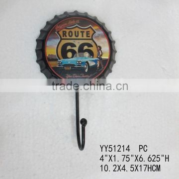 Antique route 66 beer cap metal wall single hook, factory cheap metal hook