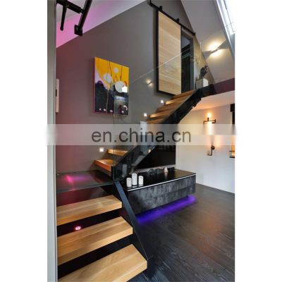 Modern indoor staircase double stringers stair solid wood tread Glass railing stairs