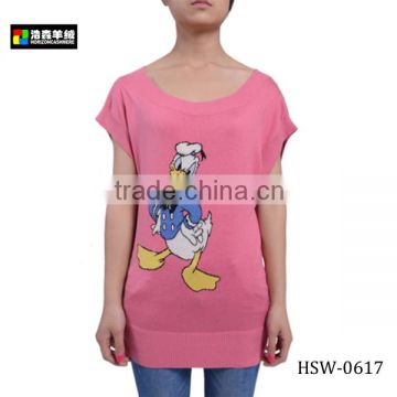 Woman Lovely Silk Cashmere Printing Sweater, Cute Donald Duck Printing Sweater
