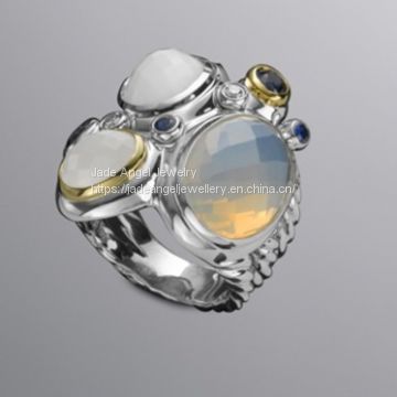 Designs Inspired DY 925 Silver Moonstone Oval Stone Mosaic Ring