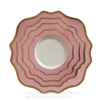 Customized Porcelain Dinnerware Set Pink Sun Flower Shaped Ceramic Tableware Plates with Gold Rim For Wedding Event