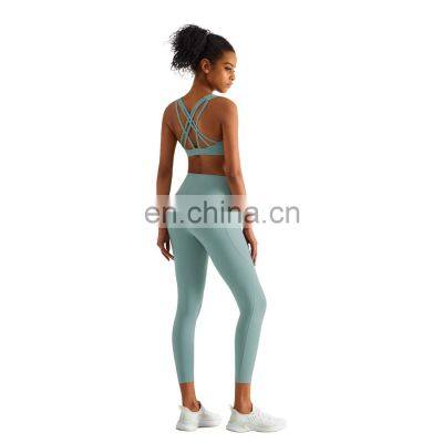 Sexy Cross Back Straps Bra High Waist Leggings Two Piece Yoga Set OEM Crotchless Sports Tight Pants Women Gym Fitness Clothes