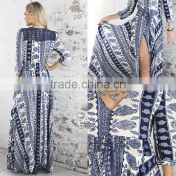 Fancy High Slit Long Sleeve Maxi Dress Boho Style