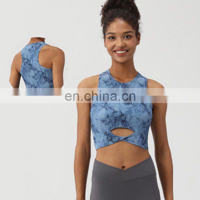 Ribbed Printing High Neck Shockproof Crop Yoga Sports Bra Anti-Bacterial Hollow Out Sexy Gym Fitness Bra For Women Workout Wear