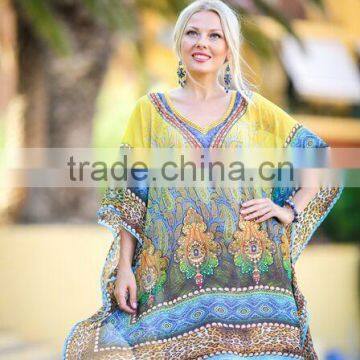 Georgette digital print crystal embellished lace up kaftan CAFTAN tunic poncho blouse
