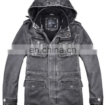2015 new style handsome hooded padded pu leather jacket long
