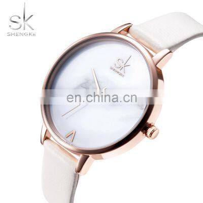 SHENGKE Marble Face Feminine Watchs White Leather Strap Wristwatch Rosegold Alloy Case Quartz Handwacths K0039L