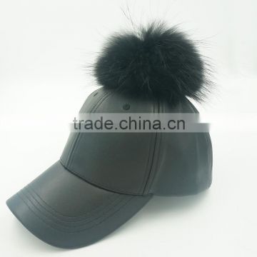 Fashion Black raccoon fur pom poms snapback caps New design fur ball sport hats PU leather baseball caps