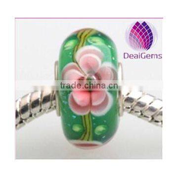 Handmade big hole european glass beads rondelle with flower