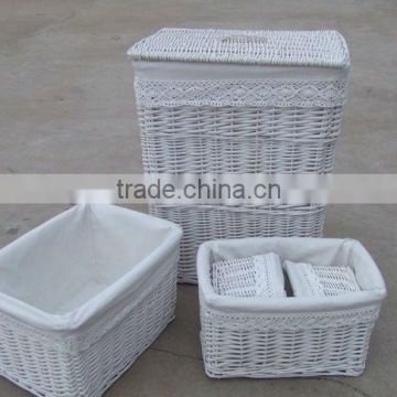 Grey wash large wicker laundry basket with lid, willow household storage basket- set of 5