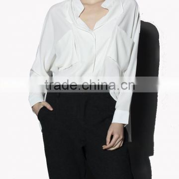 Women Suit Batwing Crepe Long Loose Shirt in White with Deep V Neckline White School Shirt