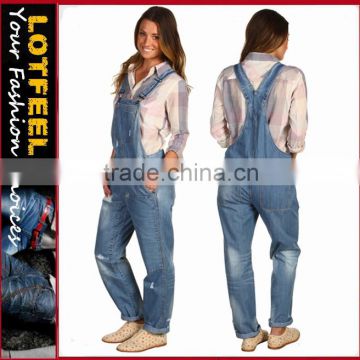 Denim overalls sport a relaxed fit and tapered straight leg women denim jeans pants(LOTX264)