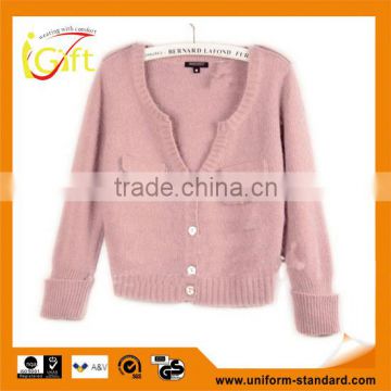 2014 hot sell wholesale high quality cotton long sleeve pink pocket cardigan