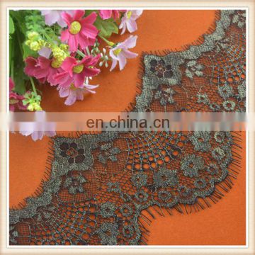 Popular black polyester eyelash lace trim with gold lurex double scalloped for garment/dress wholesale
