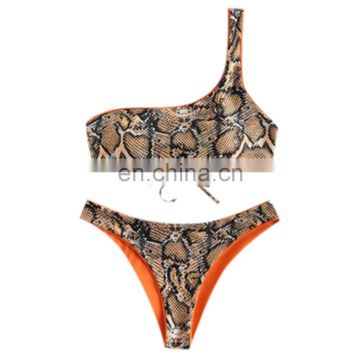 Snakeskin Print One Shoulder Reversible Bikini Set Women Two Pieces Sets Reversible Bikini Wirefree One Shoulder Swim Sets