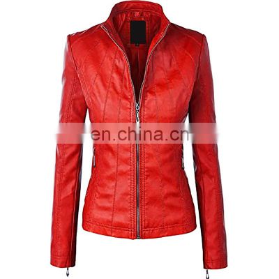 Leather Jacket Female Fashion Slim Short New Style  Stand Collar Zipper Red Ladies Leather Fashion Jacket