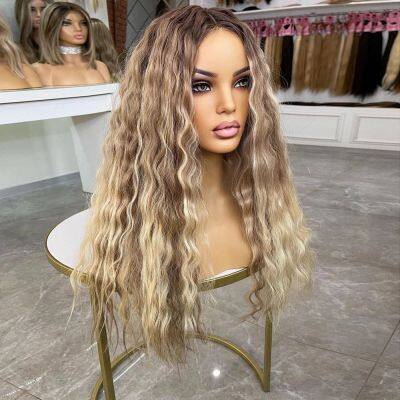 Ash Blonde Highlights Loose Deep Wave Virgin Roots 180% Ombre Human Hair Full Lace Wig for Women 13X6 HD Lace Frontal Wigs