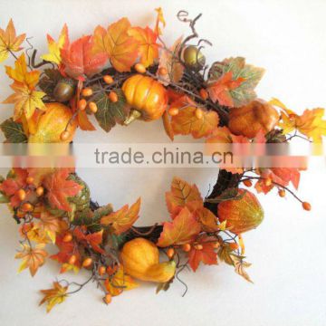 2014 Hot Sale Artificial Flower 22inch Artificial Fall Pumkin With Maples Leaf Wreath