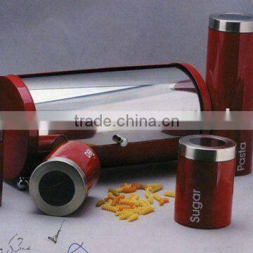 red colour round metal canister with bread bin set