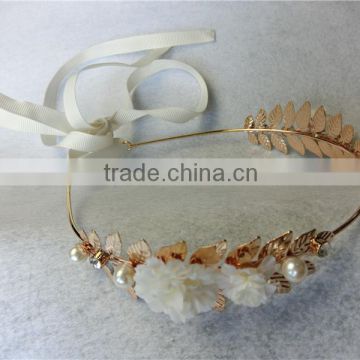 Baroque Ceramic flower metal headband gold metal leaves Pearl hair band wedding bridal crown hair accessories girls FHHBC4001