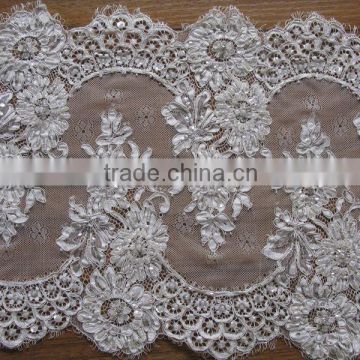 Double-sided Border Flower White french Lace Stretched saree Trim for women dress/swiss voile lace/hot tulle laces/