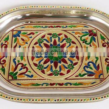 ROYAL FLOWER DESIGNED STAINLESS STEEL MEENAKARI DECORATIVE TRAY - RF GOLDEN (8.35" x 12.50" x 0.87" INCHES)