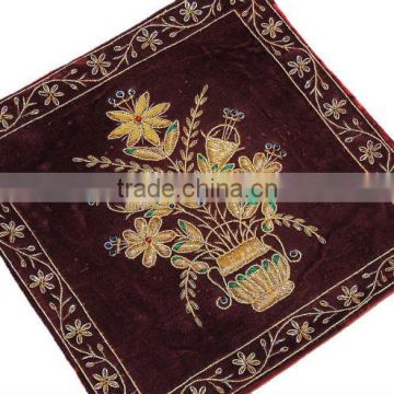 Beautiful Indian Couch Pillow Gold Zardozi Embroidered Unique Decorative Cushion