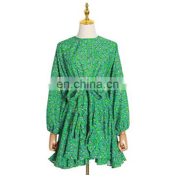 TWOTWINSTYLE Elegant Print Women's Dress O Neck Lantern Long Sleeve High Waist Lace Up Bowknot Mini Dresses