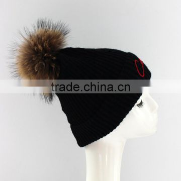 Myfur Letter Embroidery Winter Knitted Beanie Hat Black Unisex Pom Pom Hat