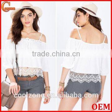 Fashion cold shoulder self tie crochet blouse top selling blouse products 2015