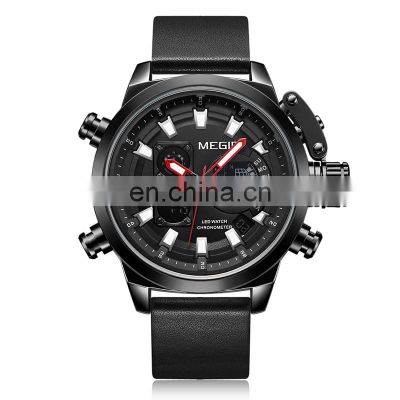 MEGIR 2090 Men Creative Fashion Dual Display Watches Hourly Chime Calendar Leather Digital Quartz Wristwatch