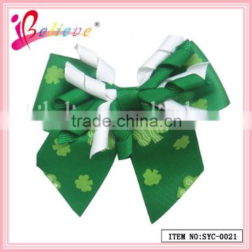 China factory product wholesale curly grosgrain ribbon hair clip clover ribbon hair bow (SYC-0021)
