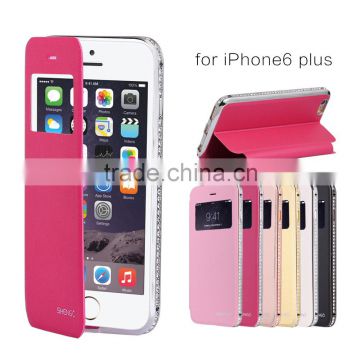 Wallet Embossed Genuine Leather Metal Bumper with Diamond Edged Flip-On Back Cover Cell Phone Cases for Iphone6plus