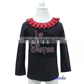 Red polka Dots Collar Bling Rhinestone Red Little Sister Black Long Sleeves Top 1-7Y