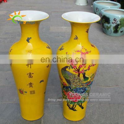 Gorgeous design peacock pattern tall indoor yellow ceramic vases