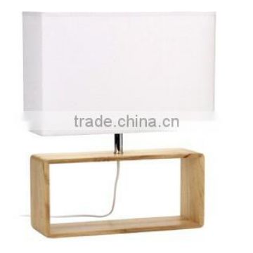 Wooden table lamp, nature oak wood base white fabric lampshade