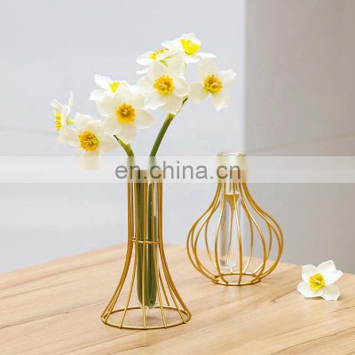 Luxury nordic Metal Geometric flower vase desktop Creative Glass Dried flower vase