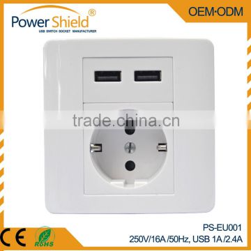 2015 Hot sales Type F Euro/ Germany 1 AC Jack power outlet + 2 USB wall sockets 250V 16A with CE RoHS
