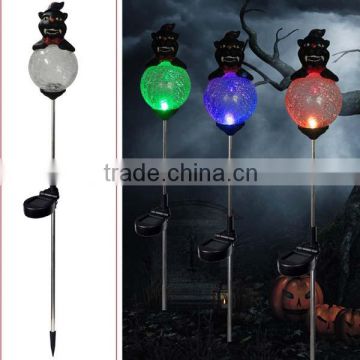 Halloween ornament black cat with color changing crackle glass ball yard stake solar lamp