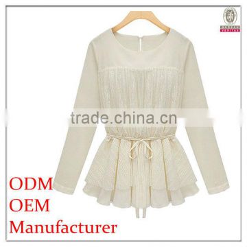 office ladies elegant ruffled white lace fabric blouses with drawstring