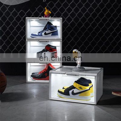 side open magnetic clear stackable shoe box led lights acrylic sound control led light shoe storage sneaker box  with lighting