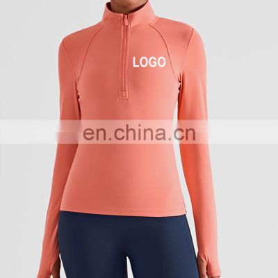 OEM Supplier Nude Feeling Half Zip Yoga Tee Long Sleeves Solid Color T-shirt Women Gym Fitness Sportswear Clothing