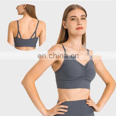 Custom Logo Women Scrunch Sexy Strappy Breathable Longline Front Twist Sports Athletic Bra Soft Thin Strap Gym Fitness Yoga Wear